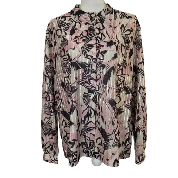 Graff Californiawear Iridescent Shiny Long Sleeve Floral Button Up Vintage Pink - Picture 1 of 10